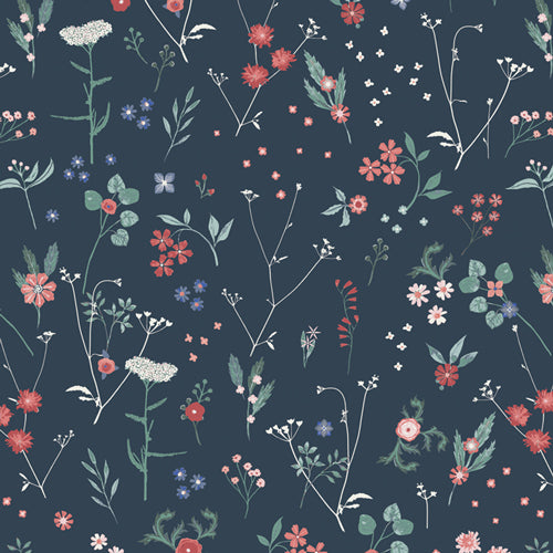 A repeating floral pattern on a dark navy background, featuring small red, pink, white, and blue flowers with green leaves and delicate stems. From the fabric line Barcelona by Katarina Roccella for Art Gallery Fabrics.