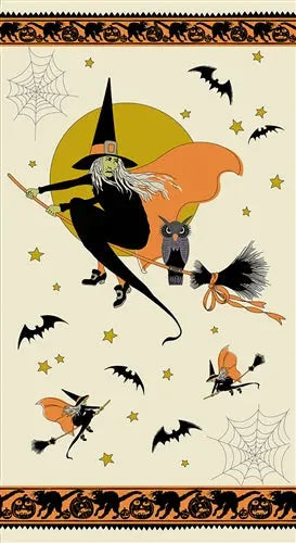 Halloween-themed design with witches, owls, and bats on a beige background. 100% cotton material fabric sewing panel for wall art or quilt