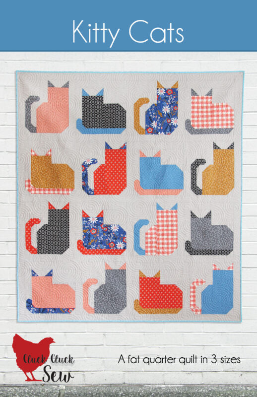 Quilt pattern cover with colorful cat designs on a gray background, featuring the brand 'Cluck Cluck Sew"