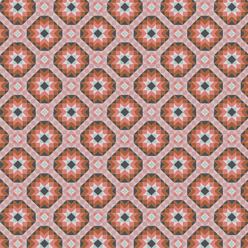 Geometric pattern with interlocking shapes in red, orange, and pink on a pink background. From the fabric line Barcelona by Katarina Roccella for Art Gallery Fabrics.