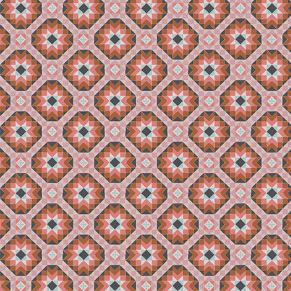 Geometric pattern with interlocking shapes in red, orange, and pink on a pink background. From the fabric line Barcelona by Katarina Roccella for Art Gallery Fabrics.