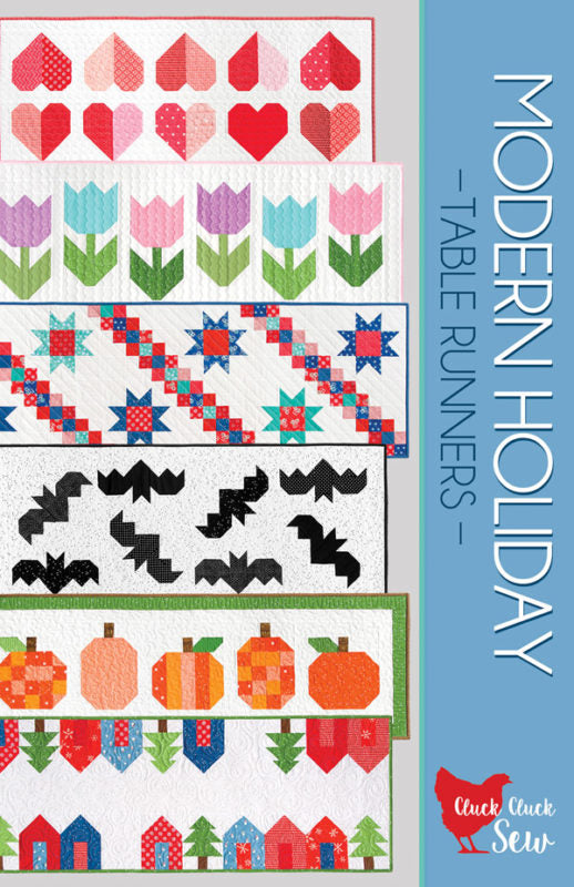 Quilt Pattern titled 'Modern Holiday Table Runners' with quilt patterns on a blue background.