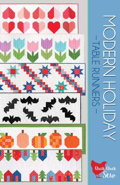 Quilt Pattern titled 'Modern Holiday Table Runners' with quilt patterns on a blue background.