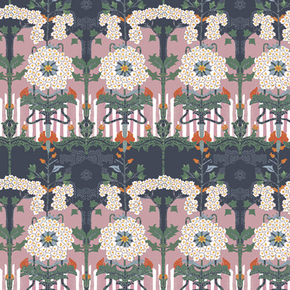 A repeating floral pattern with large white flowers, green stems and leaves, orange accents, and a muted pink and dark gray background. From the fabric line Barcelona by Katarina Roccella for Art Gallery Fabrics.