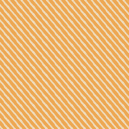 A repeating diagonal stripe pattern featuring alternating white dotted lines on a warm orange background. From the fabric line Barcelona by Katarina Roccella for Art Gallery Fabrics.