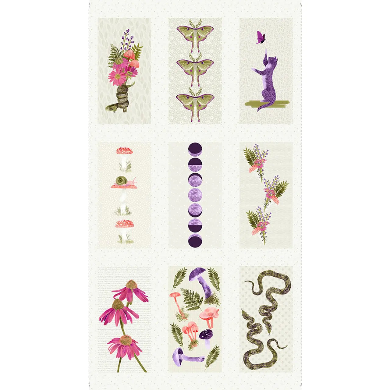 Collection of nature-themed tattoos on a white background. 100% cotton material fabric sewing panel for wall art or quilt