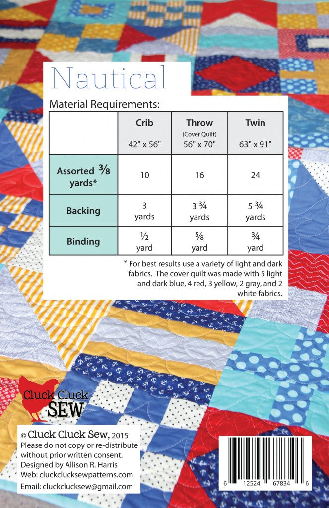 Quilt pattern with material requirements chart for crib, throw, and twin sizes on a colorful quilt background.