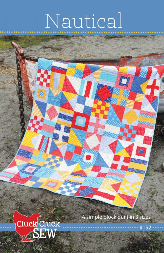 Colorful quilt pattern with geometric pattern on a boat against a blue sky for sewing and crafting.