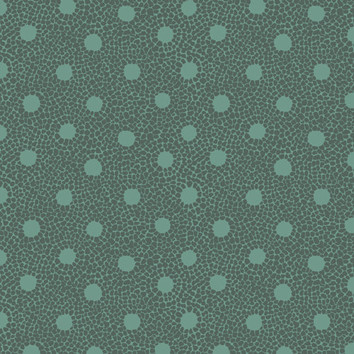 A repeating pattern of muted sage green polka dots on a slightly darker textured green background. From the fabric line Barcelona by Katarina Roccella for Art Gallery Fabrics.