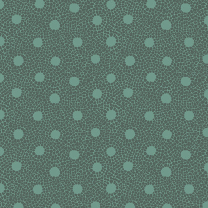 A repeating pattern of muted sage green polka dots on a slightly darker textured green background. From the fabric line Barcelona by Katarina Roccella for Art Gallery Fabrics.