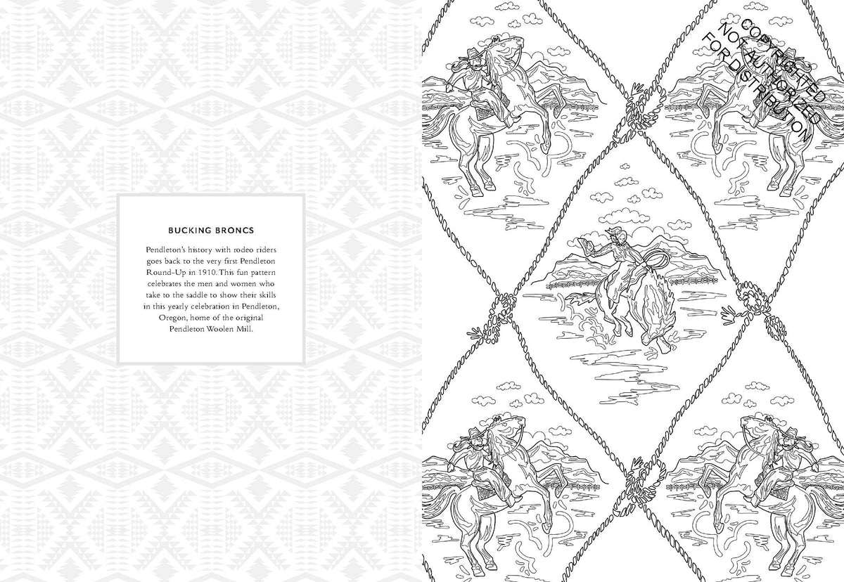 A flat-lay view of a coloring book, showing a white base with a black line-art design of bucking horses and a central text label reading 'BUCKING BRONCE'.