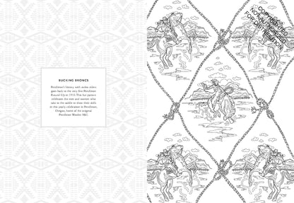 A flat-lay view of a coloring book, showing a white base with a black line-art design of bucking horses and a central text label reading 'BUCKING BRONCE'.