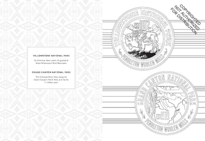 A black and white line art print featuring official seals of Yellowstone National Park and Grand Canyon National Park, with a text box listing both parks and a subtle gray geometric pattern on the left side.