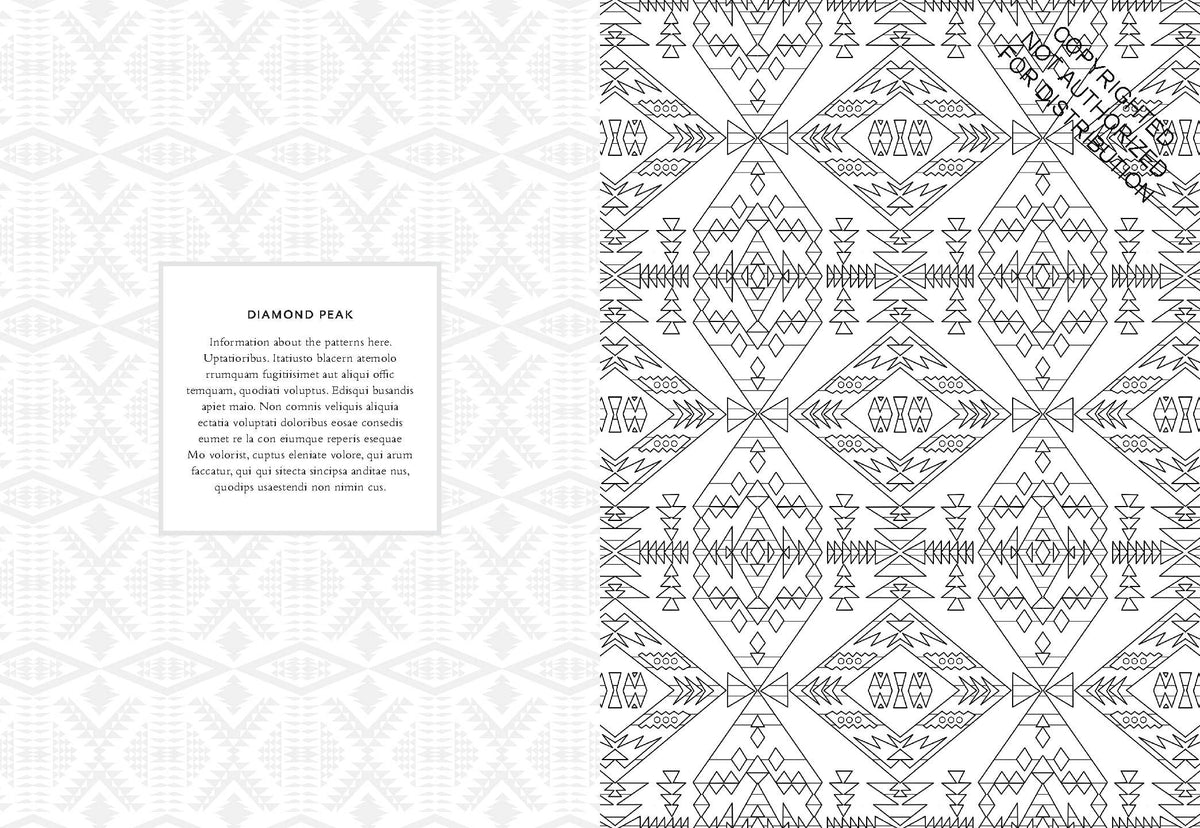 A black and white geometric pattern sheet labeled 'DIAMOND PEAK' with a central text block and a repeating tribal-inspired diamond motif across the right side.