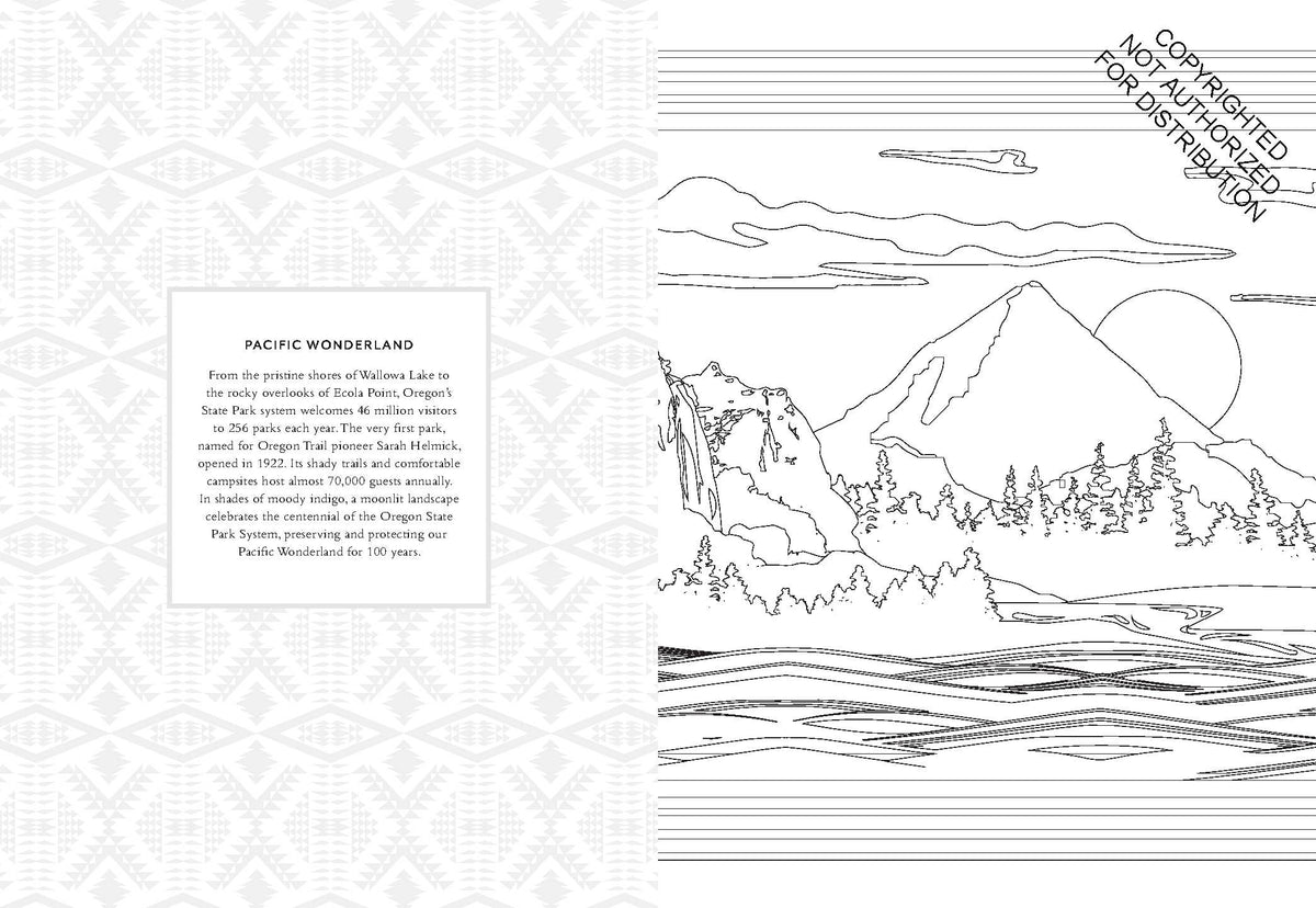 A black-and-white illustrated page titled 'Pacific Wonderland' with a scenic line drawing of mountains, trees, clouds, and water, alongside a short descriptive text box and a decorative patterned border.