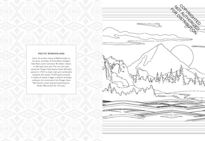 A black-and-white illustrated page titled 'Pacific Wonderland' with a scenic line drawing of mountains, trees, clouds, and water, alongside a short descriptive text box and a decorative patterned border.