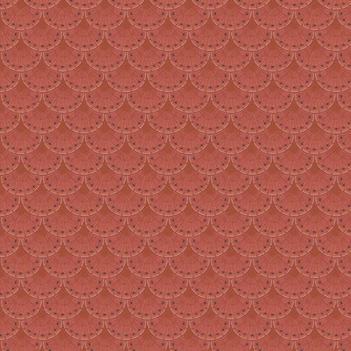 A repeating scallop or fan-like pattern in terracotta red and muted brown, with small dark blue dot accents along the edges, filling the entire frame. From the fabric line Barcelona by Katarina Roccella for Art Gallery Fabrics.