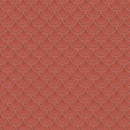 A repeating scallop or fan-like pattern in terracotta red and muted brown, with small dark blue dot accents along the edges, filling the entire frame. From the fabric line Barcelona by Katarina Roccella for Art Gallery Fabrics.