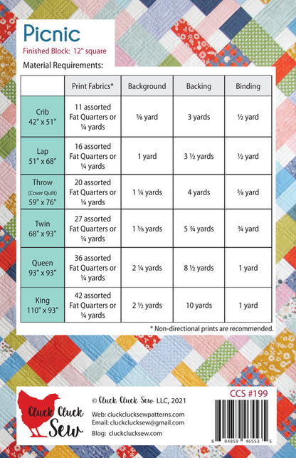 Quilt pattern requirements chart with colorful quilt block design