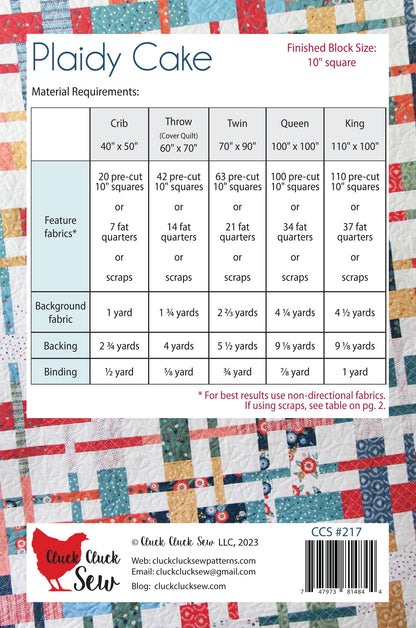 Quilt pattern guide with fabric requirements and design details on a colorful plaid background.