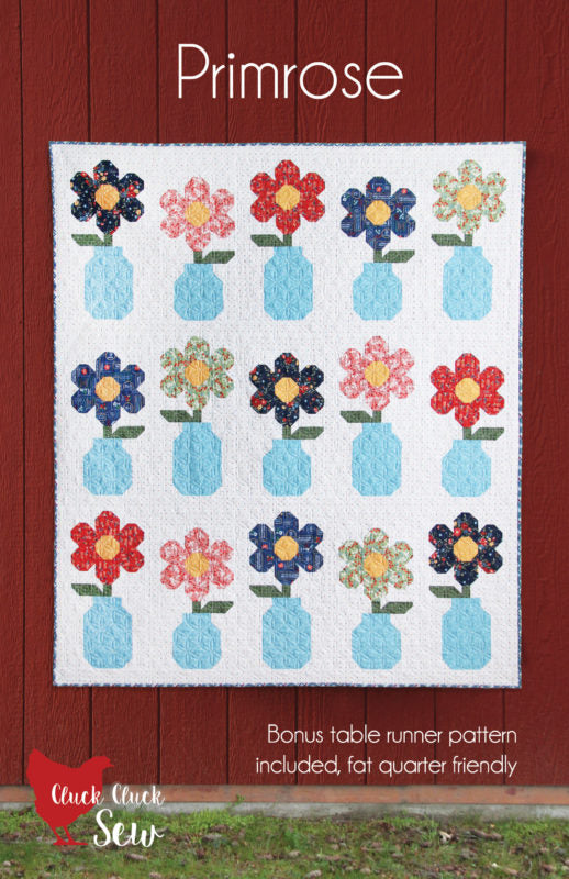 Quilt pattern with flowers and bottles on a red background, featuring the brand 'Click Click Sew'.