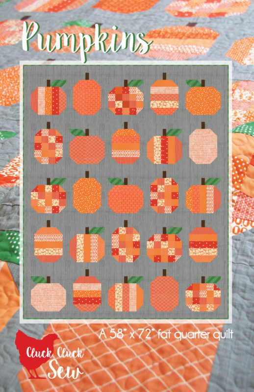 Quilt pattern with pumpkins on a gray background, featuring the brand 'Cluck Cluck Sew'