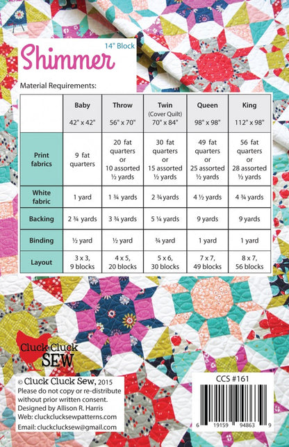 Quilt pattern with material requirements chart and colorful quilt design