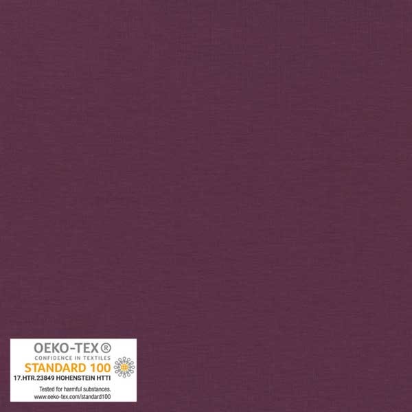 A close-up of a textured fabric swatch in a deep plum purple color, with an OEKO-TEX Standard 100 certification label in the bottom-left corner.