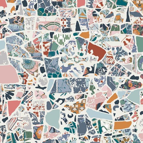 Colorful fabric with mosaic pattern with various shapes and textures. From the fabric line Barcelona by Katarina Roccella for Art Gallery Fabrics.