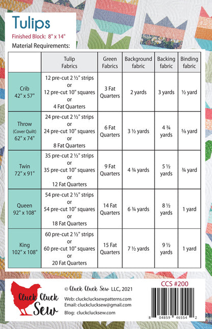 Fabric requirements chart for Tulip quilt pattern by cluck cluck sew.