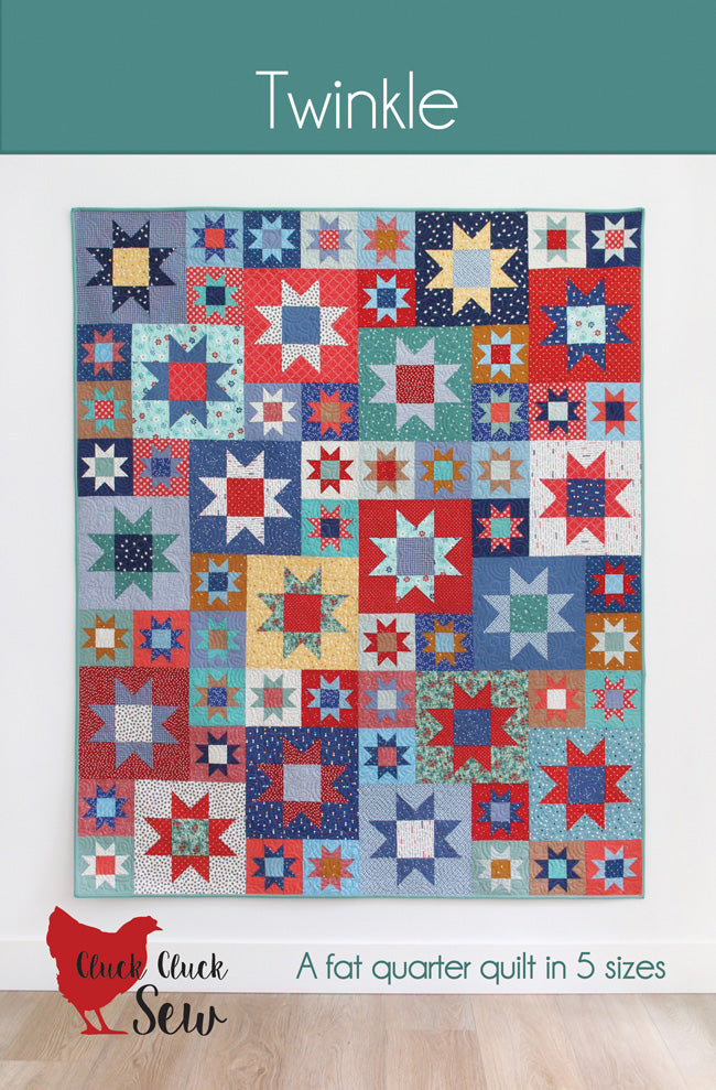 Colorful quilt pattern with star and square designs on a white background, featuring the brand 'Cluck Cluck Sew'.