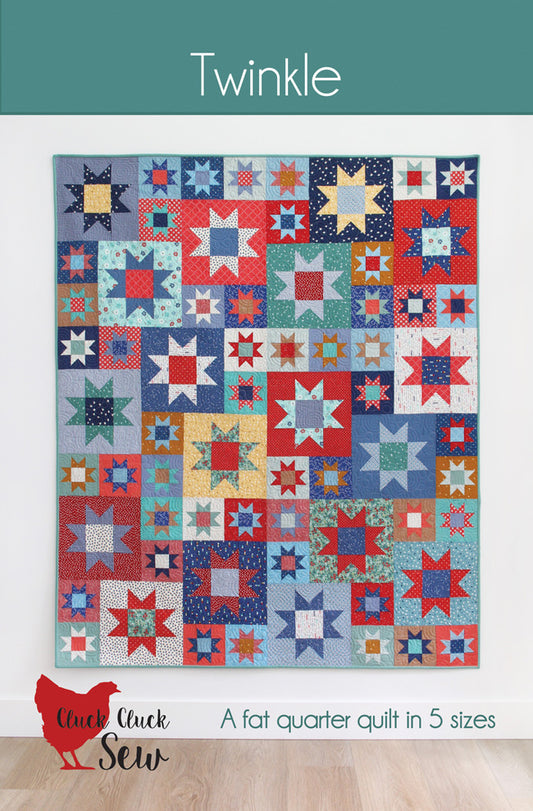 Colorful quilt pattern with star and square designs on a white background, featuring the brand 'Cluck Cluck Sew'.