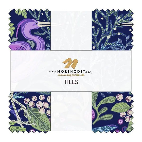 Water's Edge Fabric layer cake bundle. Showing birds with a purple and green background
