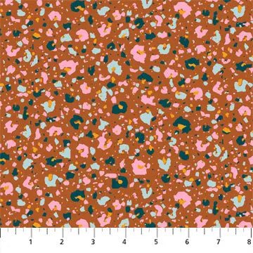 orange background with multicolored medium abstract shapes. 100% rayon fabric for sewing blouses, dresses, flowing. 