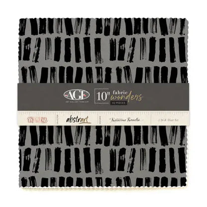 Fabric with a geometric pattern featuring shades of gray and black. Layer cake by Katarina Roccella for Art Gallery Fabrics.