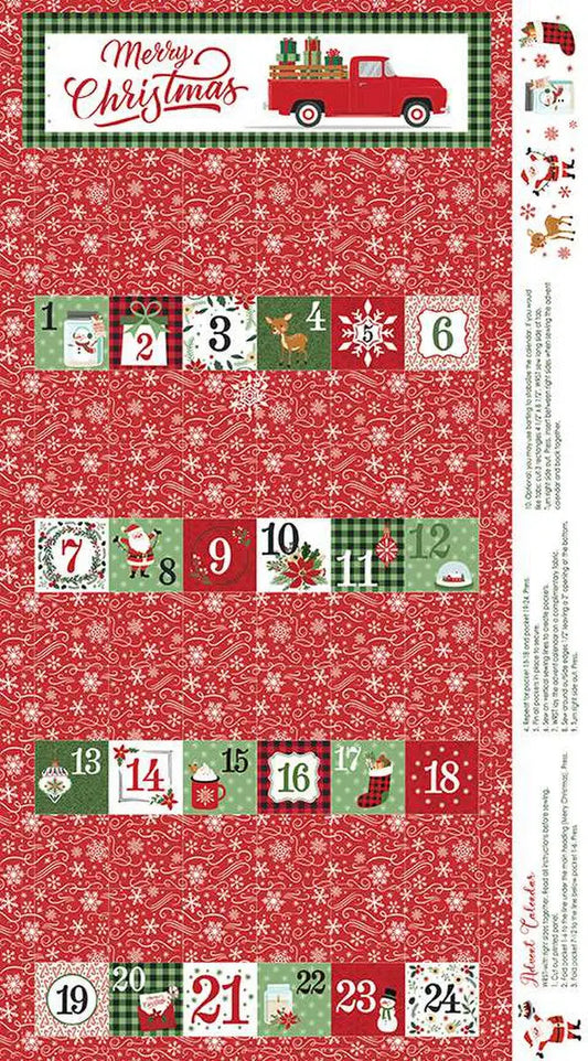 A festive Advant calendar panel with a red background, white snowflakes, greenery, and a red truck, 100% cotton for quilting and crafting