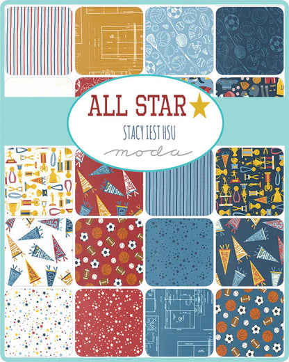Collection of fabric swatches with sports-themed patterns and 'All Star' branding.