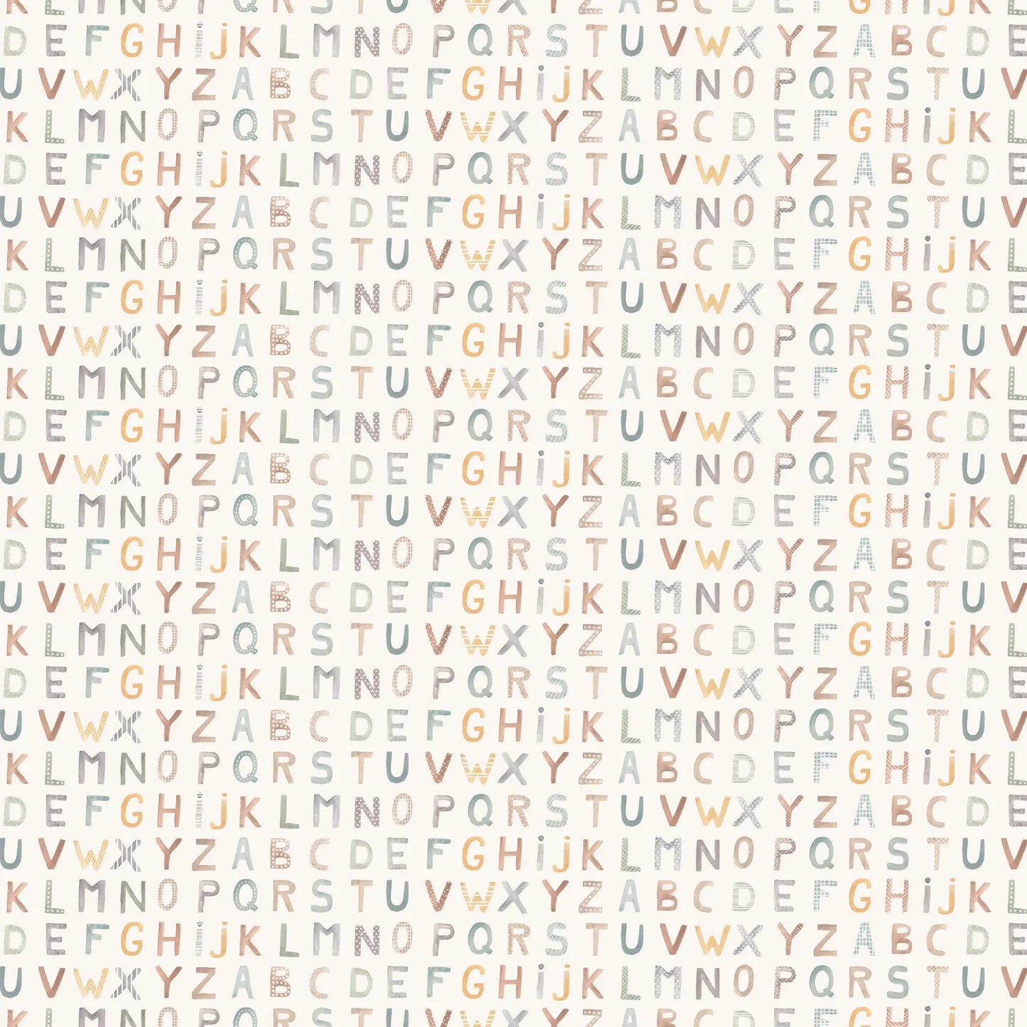 Pattern of letters A to Z in a grid on a light background. 100% cotton fabric for child quilt 