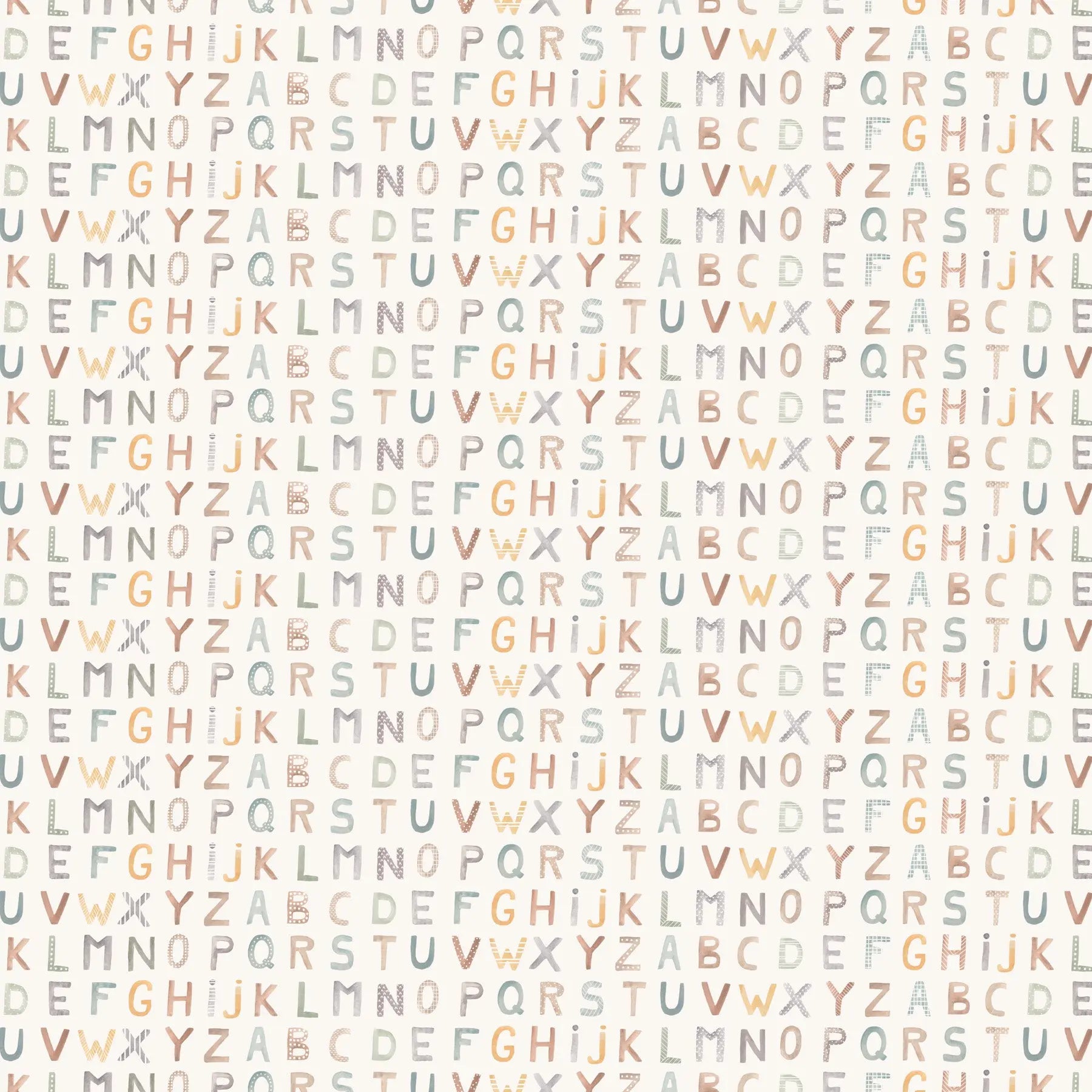 Pattern of letters A to Z in a grid on a light background. 100% cotton fabric for child quilt 