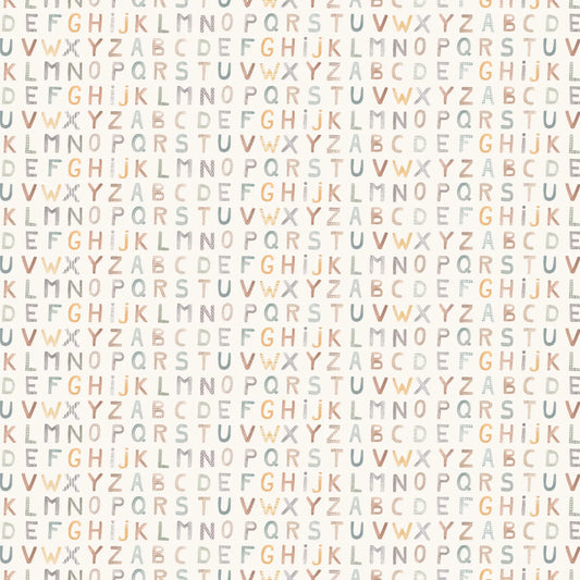 Pattern of letters A to Z in a grid on a light background. 100% cotton fabric for child quilt 