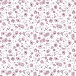 fabric showing microscope bacteria on a white background. Atomic Blueberry from Dear Stella 100% cotton. 