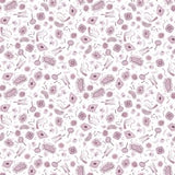 fabric showing microscope bacteria on a white background. Atomic Blueberry from Dear Stella 100% cotton. 