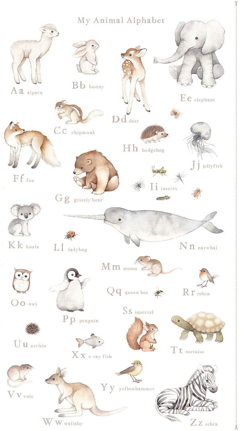 A fabric alphabet chart with illustrations of animals from A to Z on a white background from Dear Stella Fabrics for Quilting and Crafting.