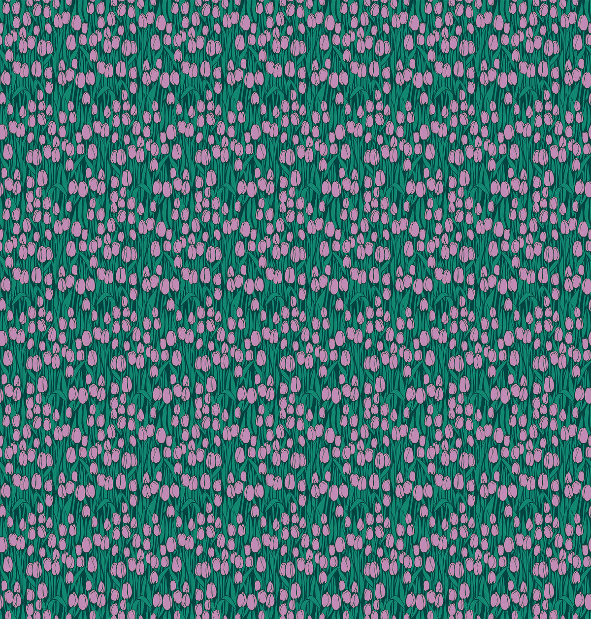 Fabric with a pattern of small pink flowers on a green background