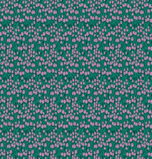 Fabric with a pattern of small pink flowers on a green background