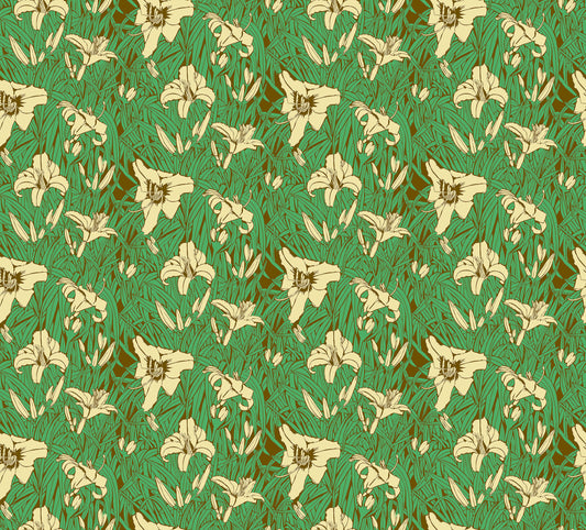 Pattern of beige flowers on a green background