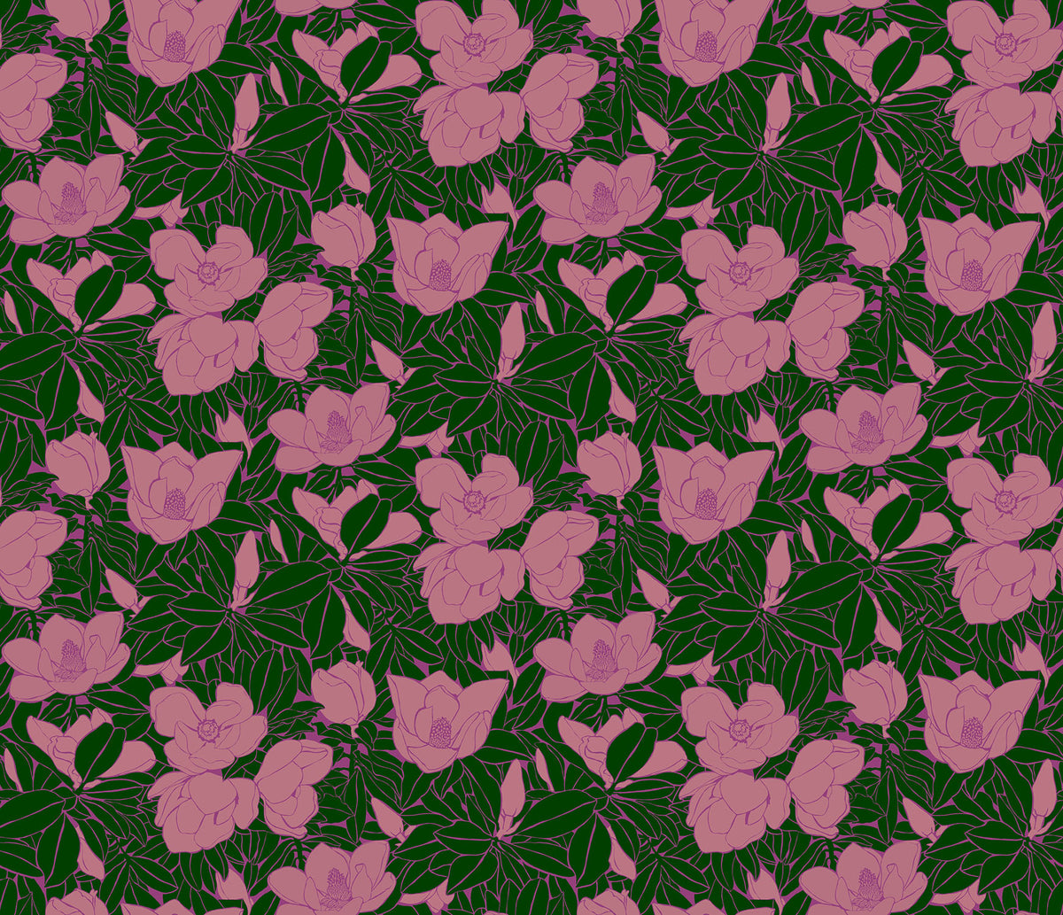 Fabric with a deep pink background, green leaves and pink flowers for quilting, bag making, crafting, sewing. From Anna Maria Horner. 