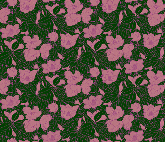 Fabric with a deep pink background, green leaves and pink flowers for quilting, bag making, crafting, sewing. From Anna Maria Horner. 