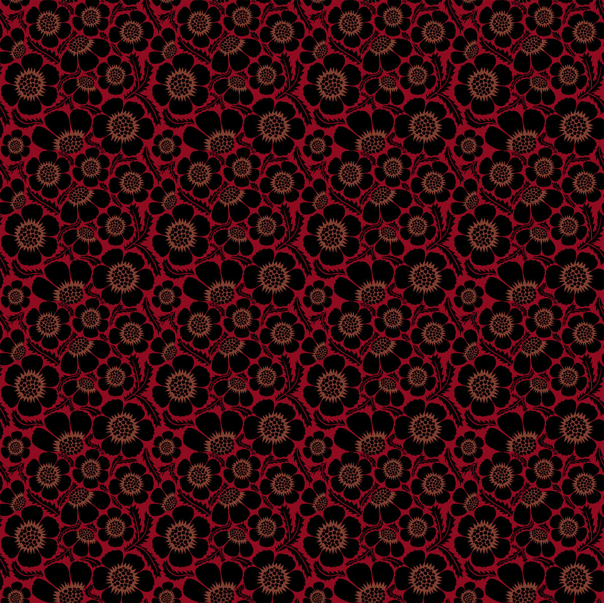 Fabrics with a red background and black flower design for quilting, bag making and sewing. 