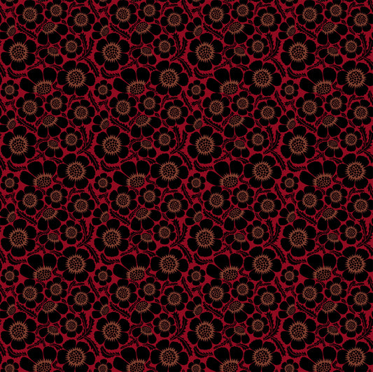 Fabrics with a red background and black flower design for quilting, bag making and sewing. 